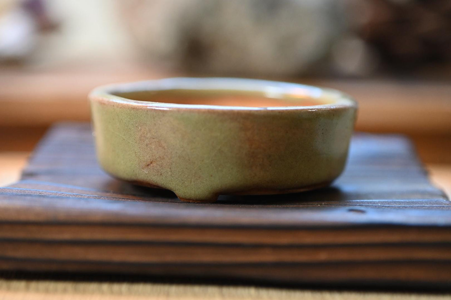 Handmade Japanese Bonsai Pot – Olive Green Glaze | Small Ceramic Mame Planter, Wabi-Sabi Style Pot for Bonsai, Moss, or Succulents
