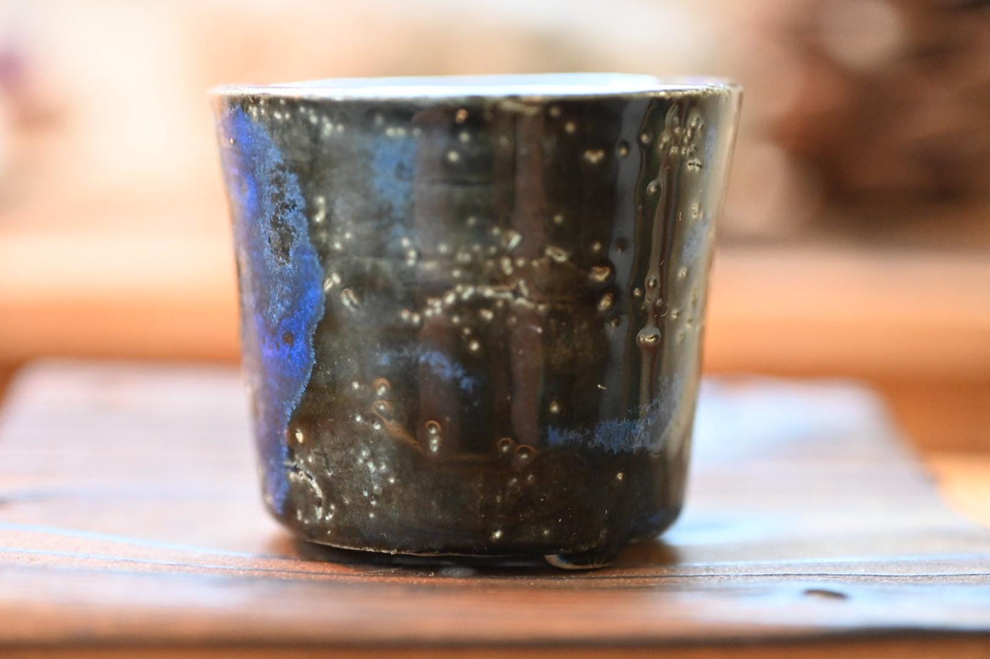 Mini Japanese Planter – Handmade Ceramic Mame Bonsai Pot, Black & Blue Glaze | Small Artisan Pot for Bonsai, Succulent, or Moss