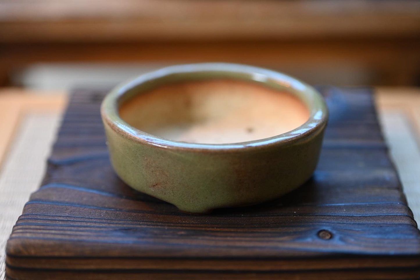 Handmade Japanese Bonsai Pot – Olive Green Glaze | Small Ceramic Mame Planter, Wabi-Sabi Style Pot for Bonsai, Moss, or Succulents