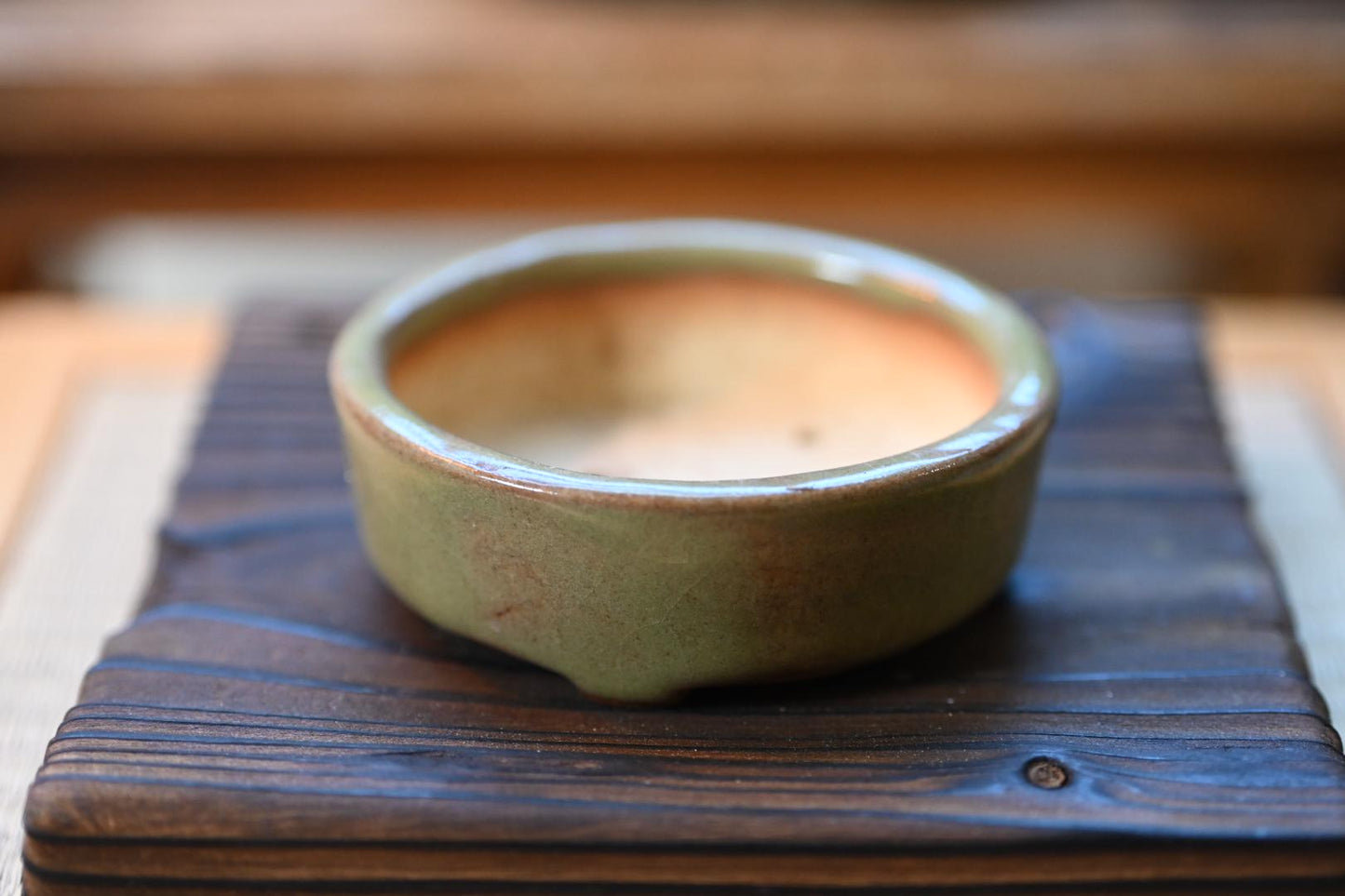 Handmade Japanese Bonsai Pot – Olive Green Glaze | Small Ceramic Mame Planter, Wabi-Sabi Style Pot for Bonsai, Moss, or Succulents