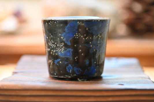 Mini Japanese Planter – Handmade Ceramic Mame Bonsai Pot, Black & Blue Glaze | Small Artisan Pot for Bonsai, Succulent, or Moss